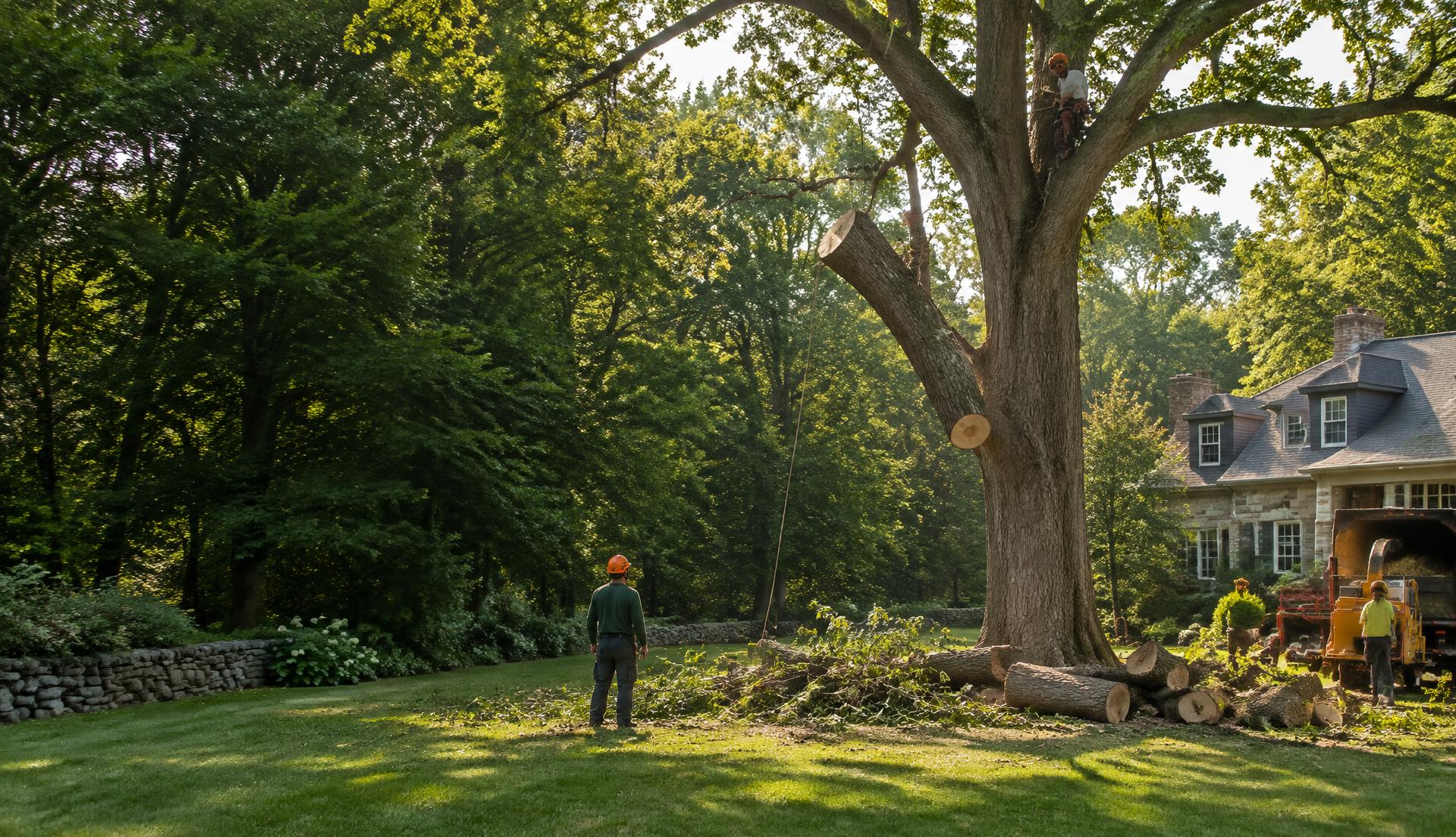 Tree service crew removing a large tree beside a home
